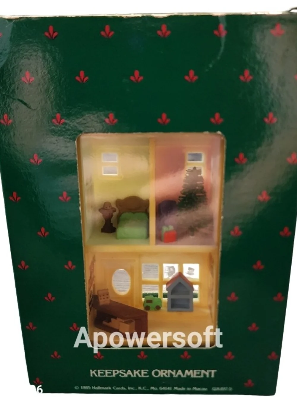 1985 Hallmark Old-Fashioned Toy Shop Ornament in Cream and Green with Brown Roof
